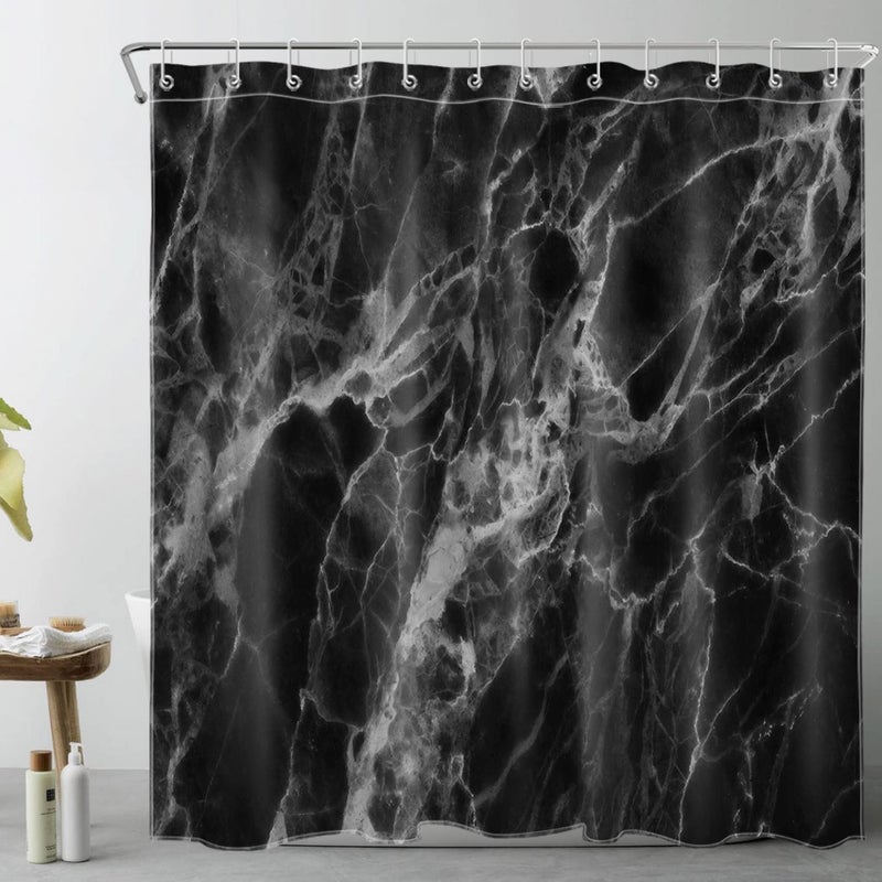 LB Black Marble Shower Curtain Abstract Natural Black Grey Marble Bathroom Curtain 72x72 inch Waterproof Polyester Fabric Bath Curtain Hooks Included - Image 1
